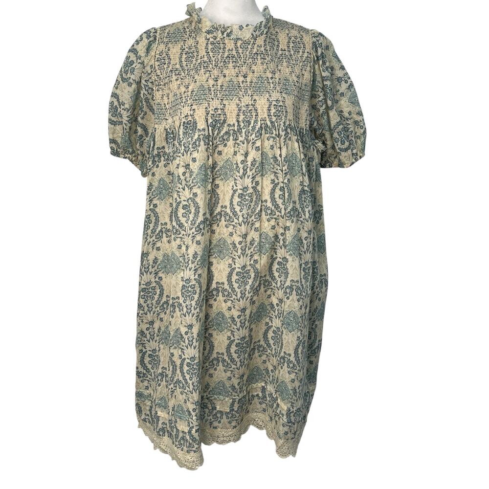 Easel Babydoll Smocked Antique Blue Cream Floral Damask Lace Trim Dress S Boho